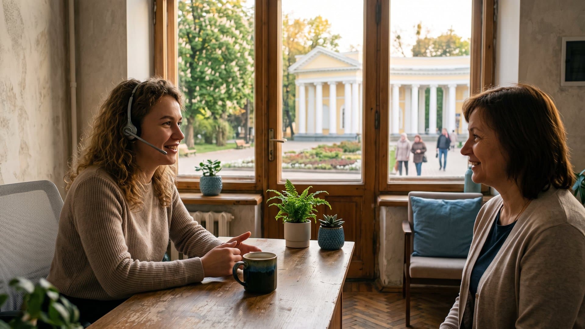 Працівниця підтримки в гарнітурі з усмішкою допомагає клієнтові